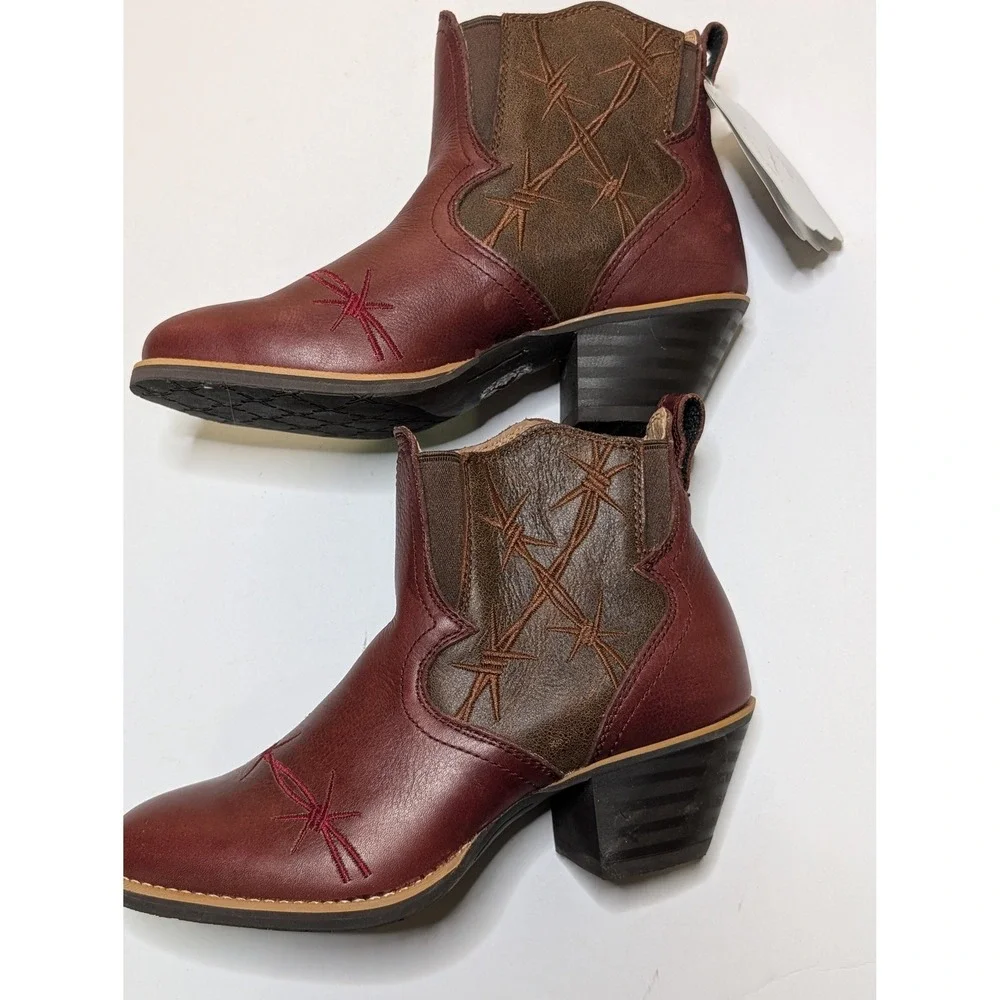 Twisted X Womens Barbed Wire Western Ankle Boots‎ Burgundy Brown Leather WWF0006